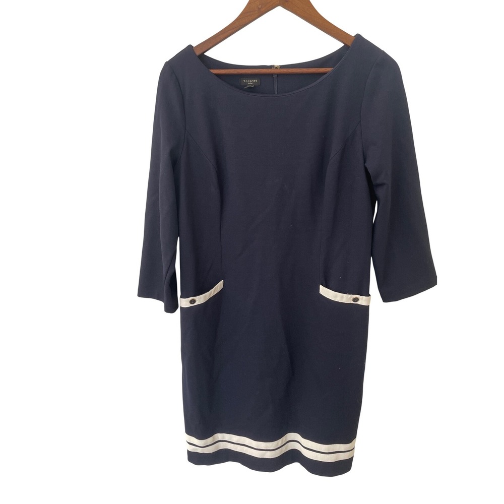 Talbots Womens 14P Navy Blue Nautical Ponte Shift Dress  3/4‎ Sleeve Classic